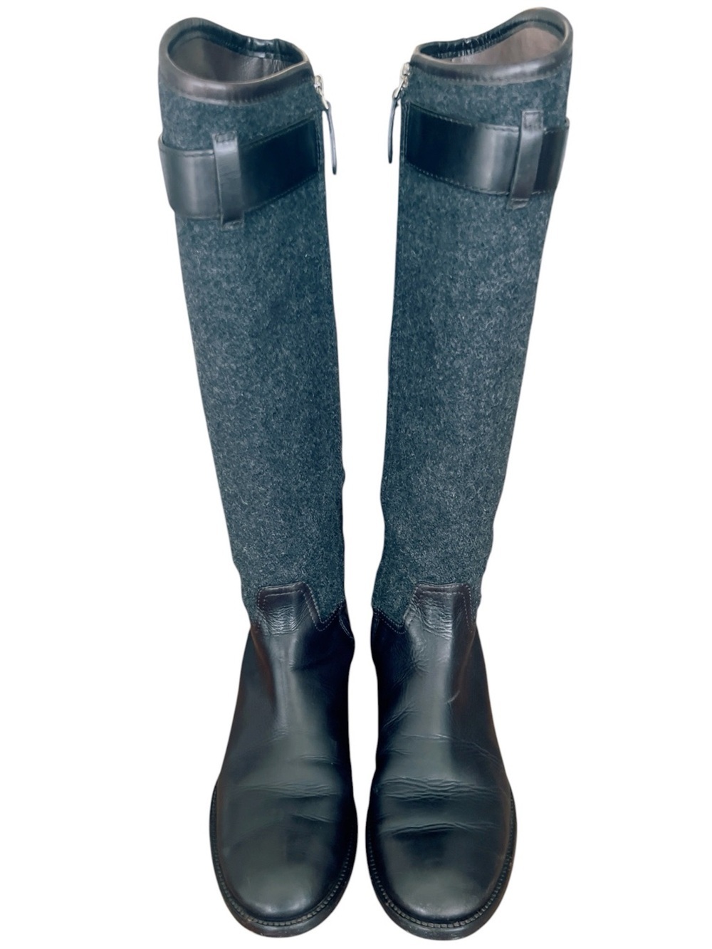 Tory Burch Long Riding Boots Grey Textile W/ Brown Leather Side Zip SZ 8